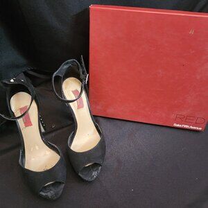 RED Saks Fifth AvenuStudded Heel Platform Pumps Black Suede Ankle Strap Size 7.5